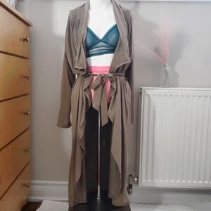 Vintage Y2K Super Soft Suedette Long Open Tie Waist Longline Trench Cardi